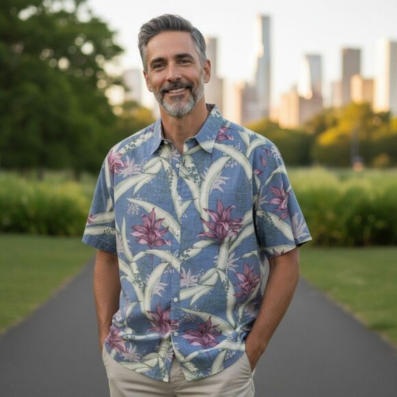 Reyn Spooner Hawaiian SHIRT blue/red leaf FLORAL PRINT Men's XL - Picture 1 of 7